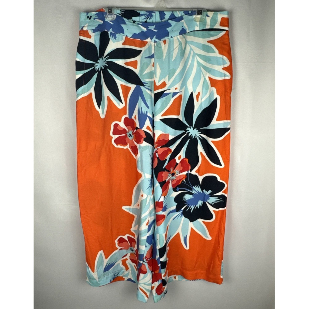 Soft Surroundings Pants Women's Sz Large Orange Blue Floral Wide Leg Palazzo